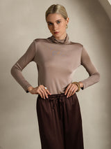 [Kaki] SilkSilky-FR Manches longues Col Roulé Femme T-Shirt 003
