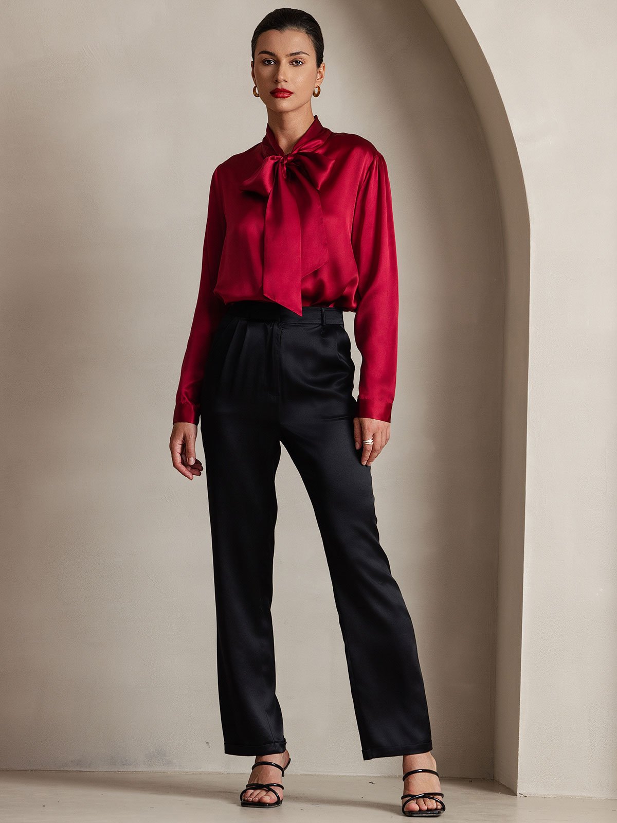 [Rouge Vineux] SilkSilky-FR 19Momme Manches longues À Nouer Blouse 003