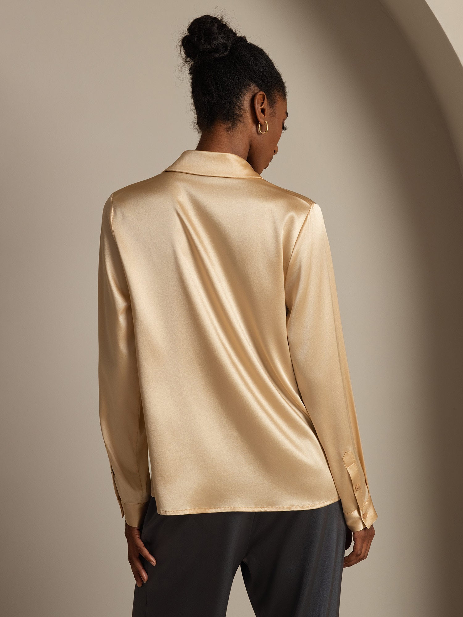 [Champagne] SilkSilky-FR 19Momme Soie Manches longues Col Chemise Femme Chemise 003