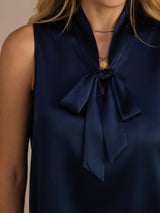 [Bleu Foncé] SilkSilky-FR Sleeveless Tie Neck Top À Fines Brides 007