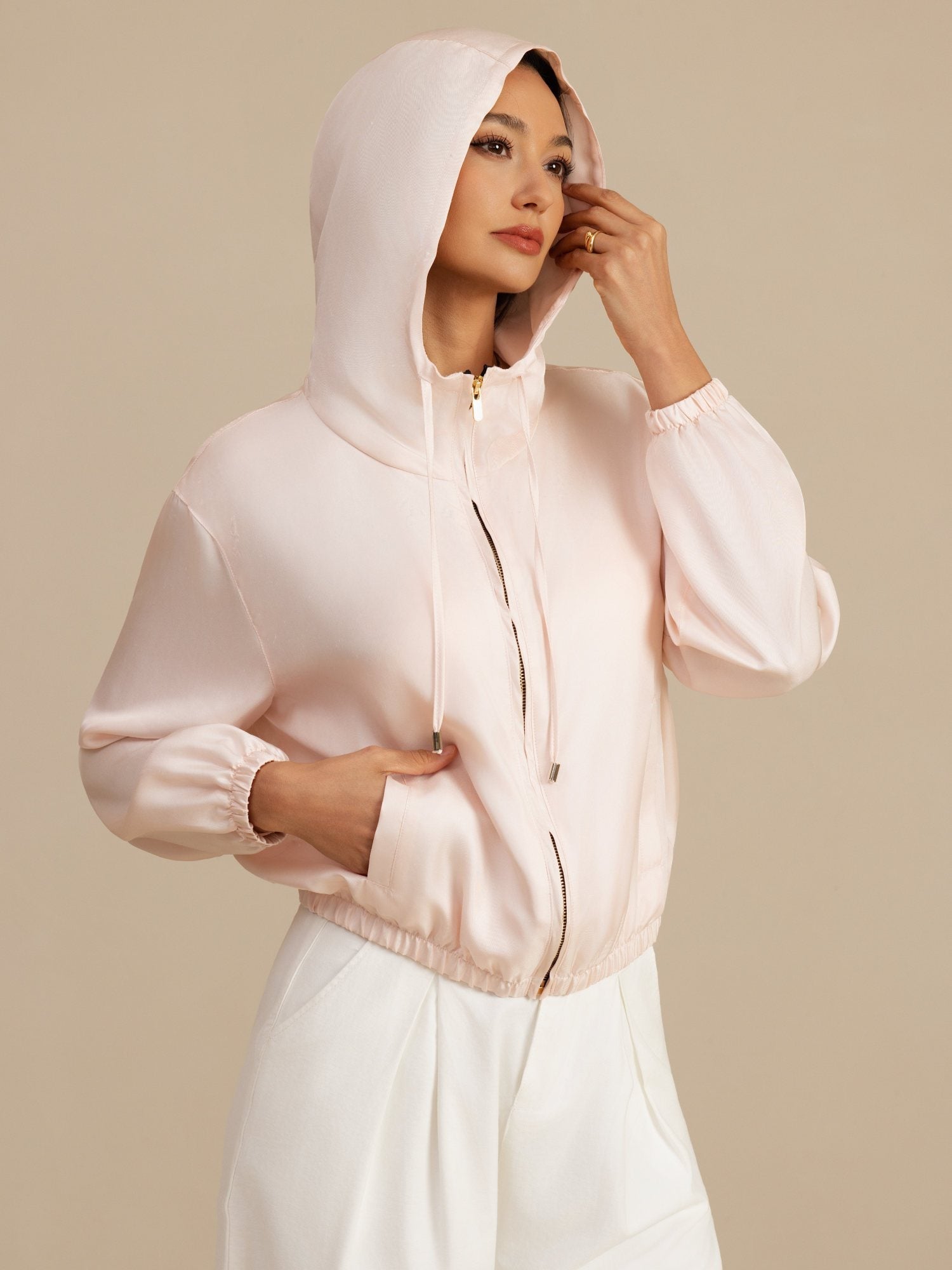 [Rose] SilkSilky-FR 18Momme Manches longues Col Montant Femme Manteaux 001