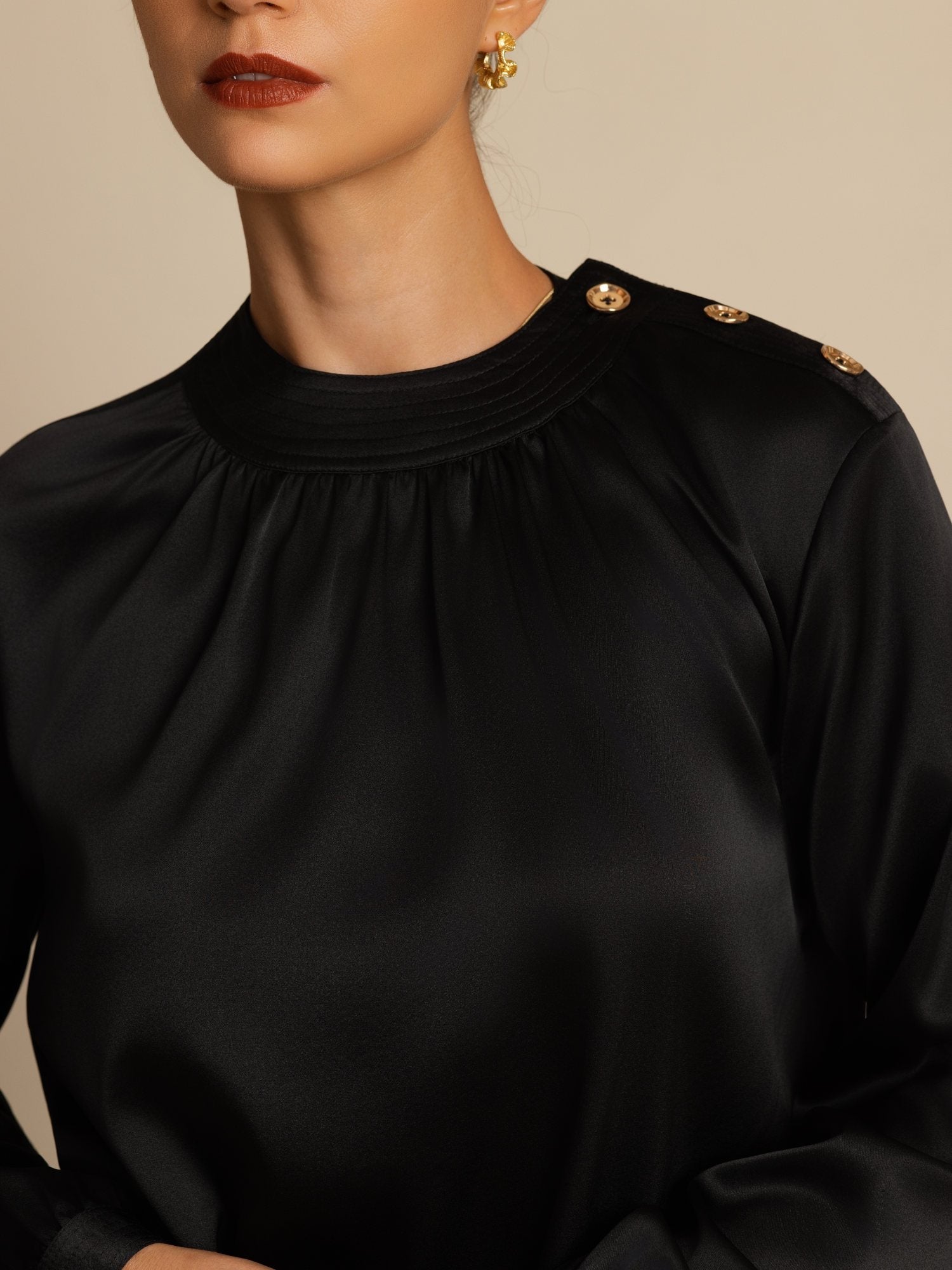 [Noir] SilkSilky-FR 19Momme Soie Manches longues Col Rond Blouse 005