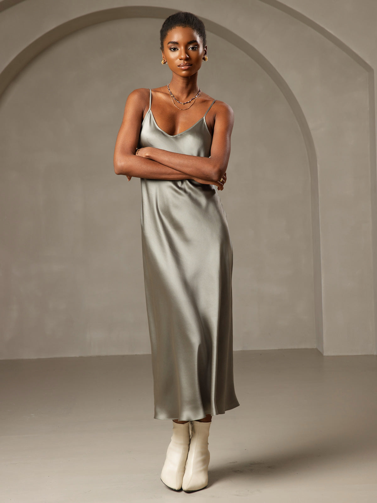 [Vert Grisâtre] SilkSilky-FR Pure Soie Col Rond Robes 001
