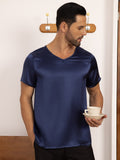 SilkSilky FR Pure Soie Manches courtes Col en V Homme T Shirt BleuFoncé 005