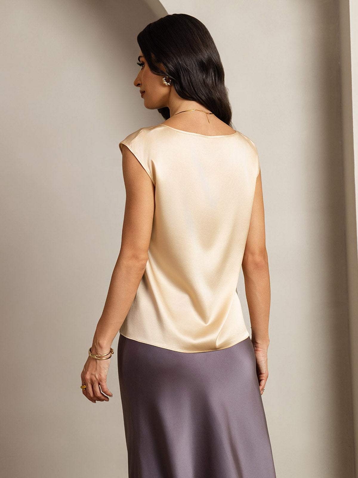 [Champagne] SilkSilky-FR 19Momme Soie Col Rond Femme T-Shirt 002