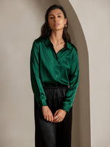 [Vert Foncé] SilkSilky-FR Long Sleeve Lapel Collar Femme Chemise 001