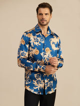 [Dragon Navy] SilkSilky-FR Long Sleeve Lapel Collar Homme Chemise 004