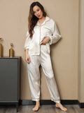 SilkSilky-FR Pure Soie Manches longues Revers Femme Pyjamas Blanc 003