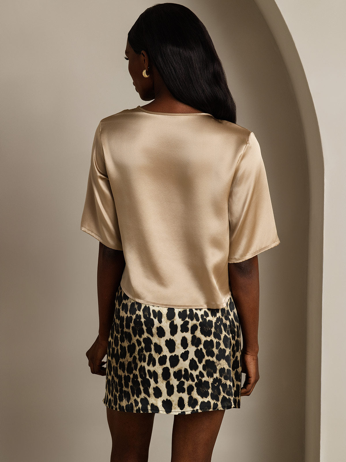 [Champagne] SilkSilky-FR Pure Soie Manches mi-longues Col Bateau Femme T-Shirt 002