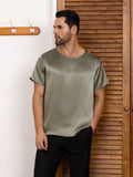 SilkSilky FR Pure Soie Manches courtes Col Rond Homme T Shirt VertGrisâtre 006