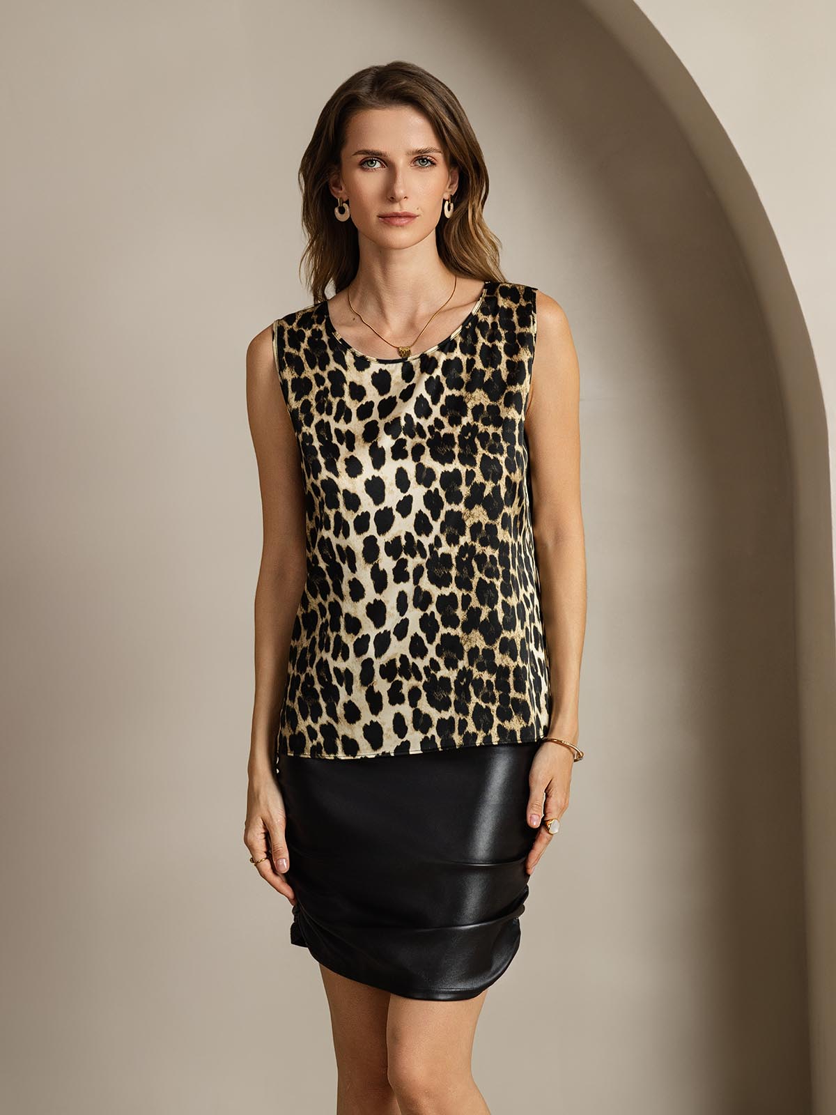 [Leopard] SilkSilky-FR 19Momme Soie Col Rond Top À Fines Brides 001