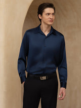 [Bleu Foncé] SilkSilky-FR 19Momme Manches longues Col à Revers Homme Chemise 005