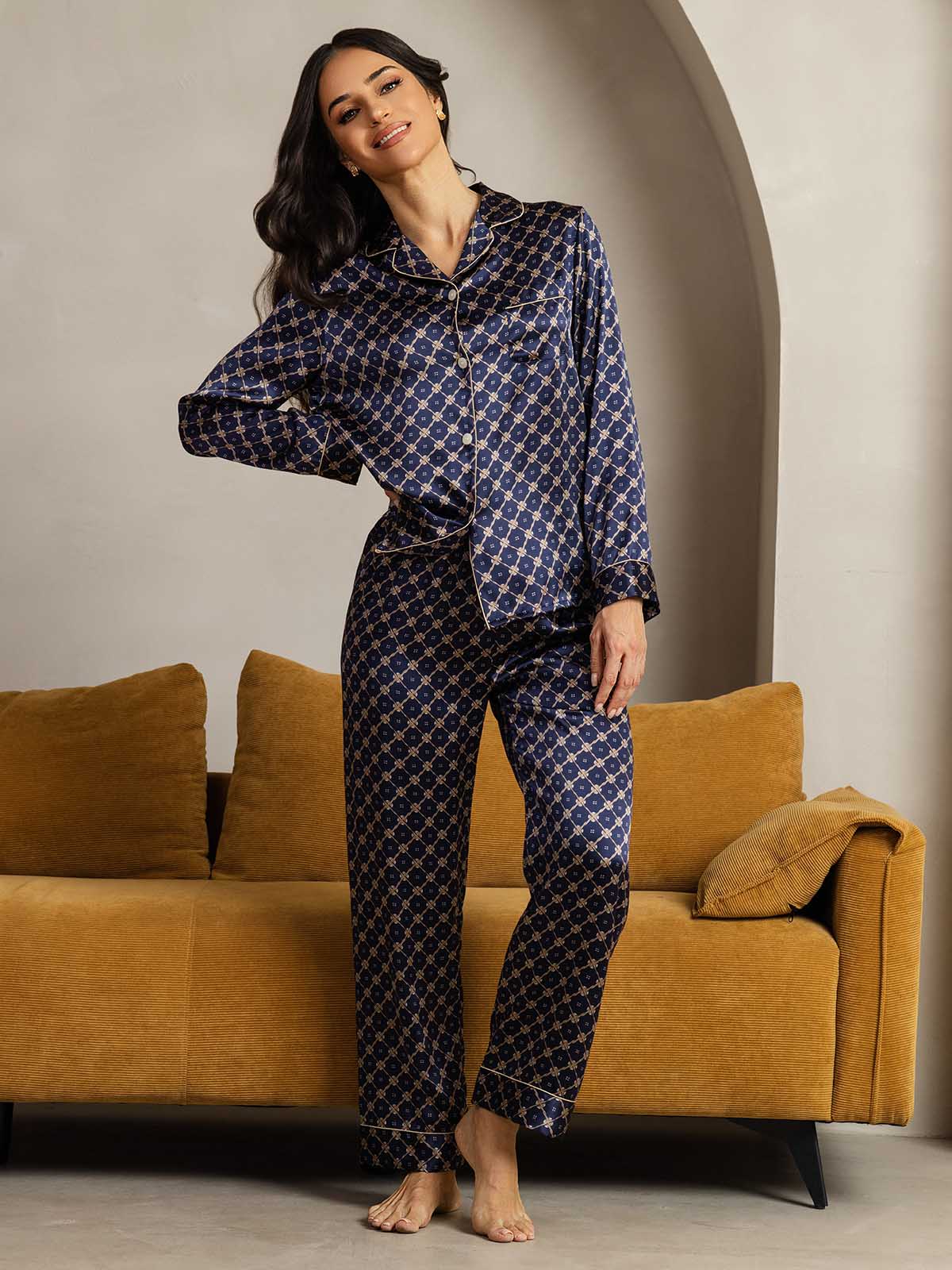 [Chaîne Marine] SilkSilky-FR Long Sleeve Lapel Collar Femme Pyjamas 002