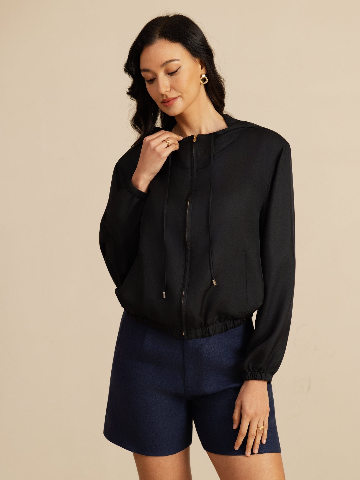 [Noir] SilkSilky-FR 18Momme Manches longues Col Montant Femme Manteaux 004