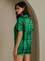 [Carreaux Verts] SilkSilky-FR Short Sleeve Notch Collar Femme Pyjamas 002