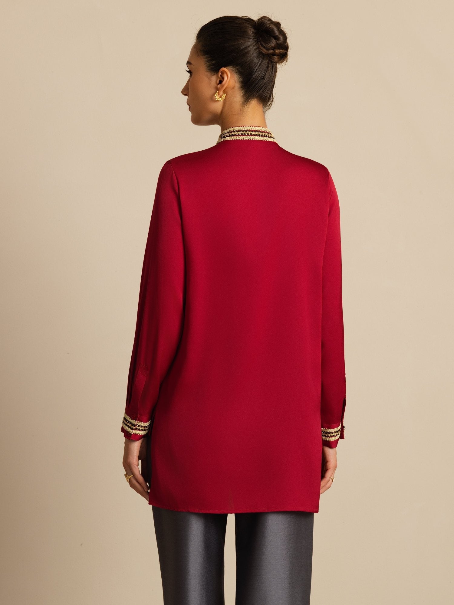 [Rouge Vineux] SilkSilky-FR 19Momme Soie Manches longues Col Montant Blouse 002