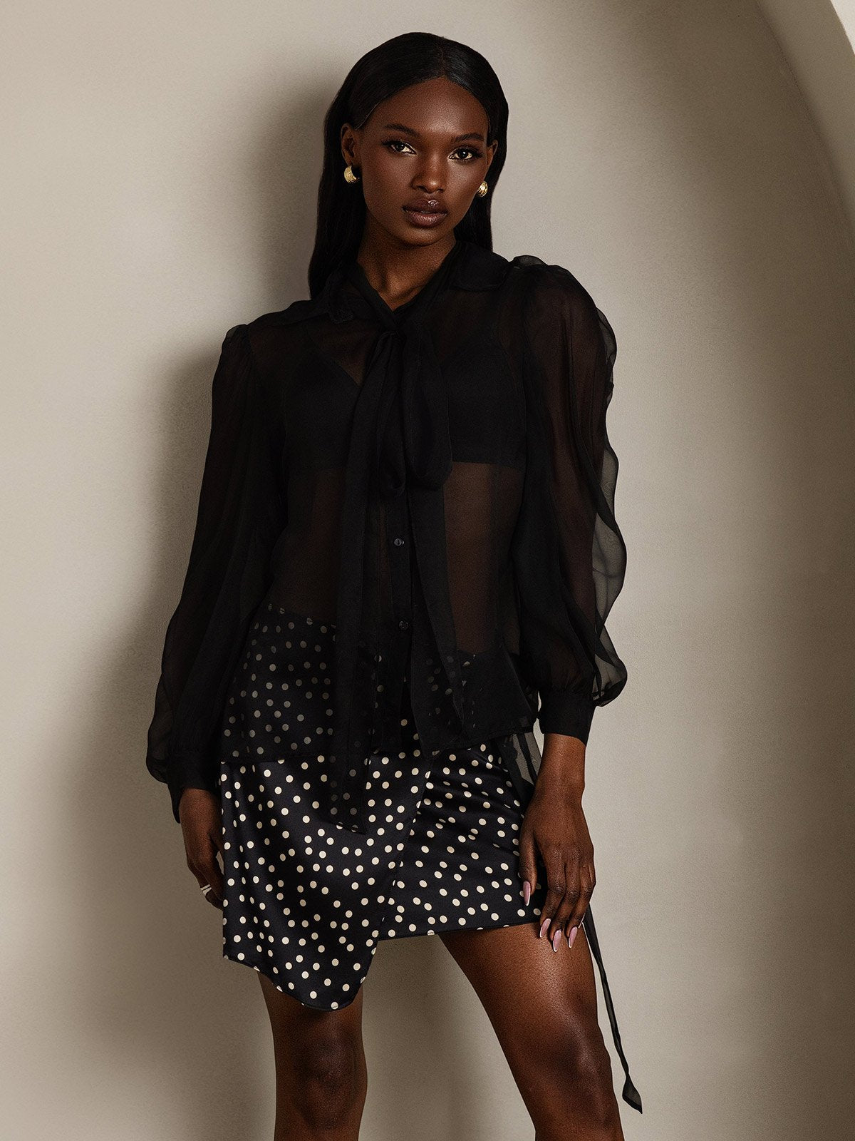 SilkSilky-FR Soie Manches longues Nœud à l'encolure Femme Chemise Noir 003