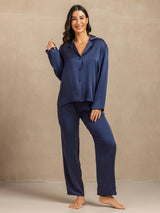 [Bleu Foncé] SilkSilky-FR 19Momme Manches longues Col Cranté Femme Pyjamas 006