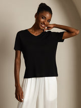 [Noir] SilkSilky-FR Short Sleeve V Neck Femme T-Shirt 007