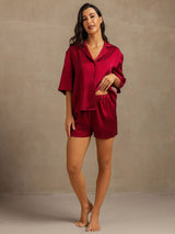 [Rouge Vineux] SilkSilky-FR 19Momme Manches mi-longues Col Cranté Femme Pyjamas 003