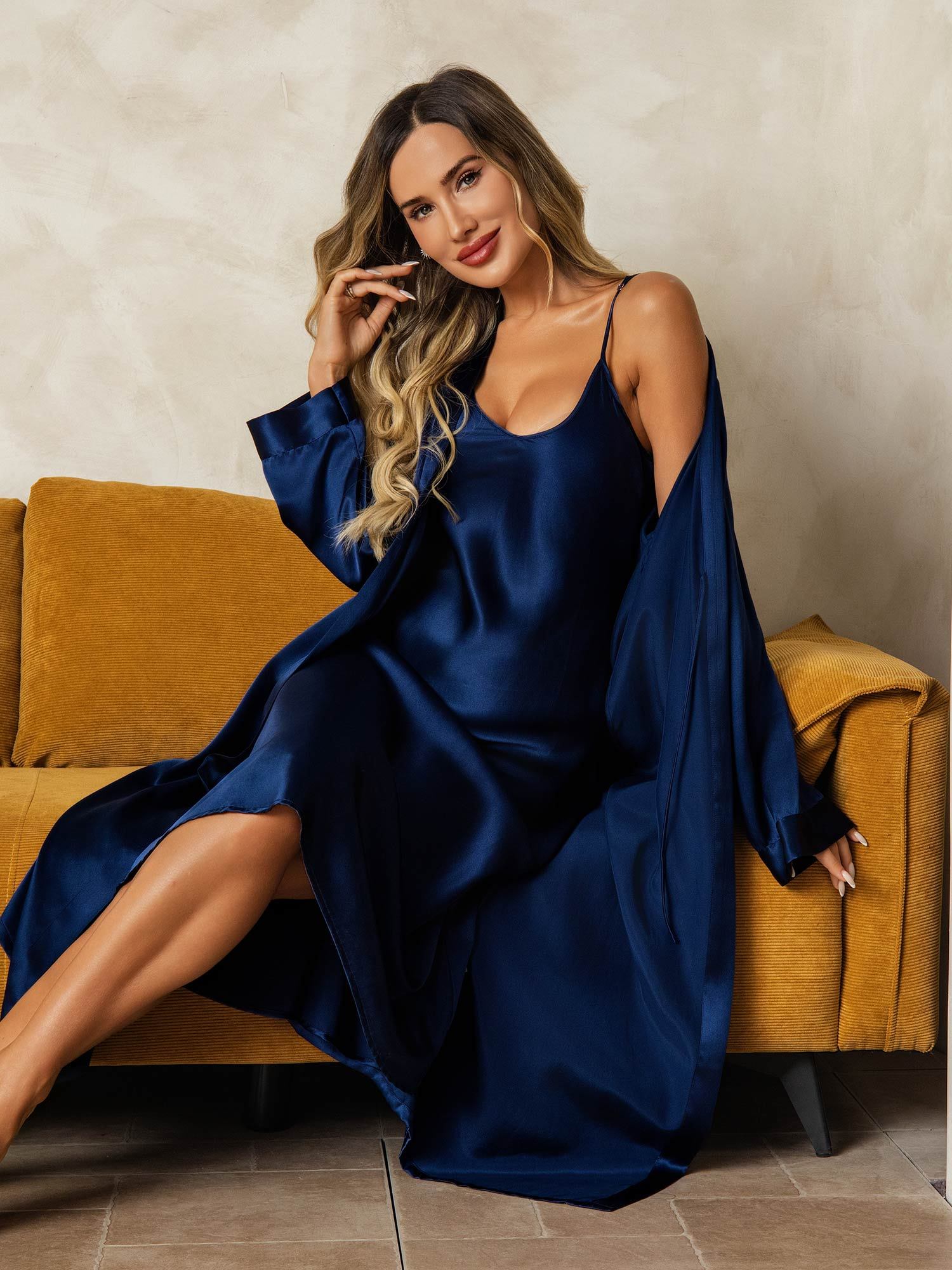 [BleuFoncé] SilkSilky-FR Soie Nightgown&Robe Set 006