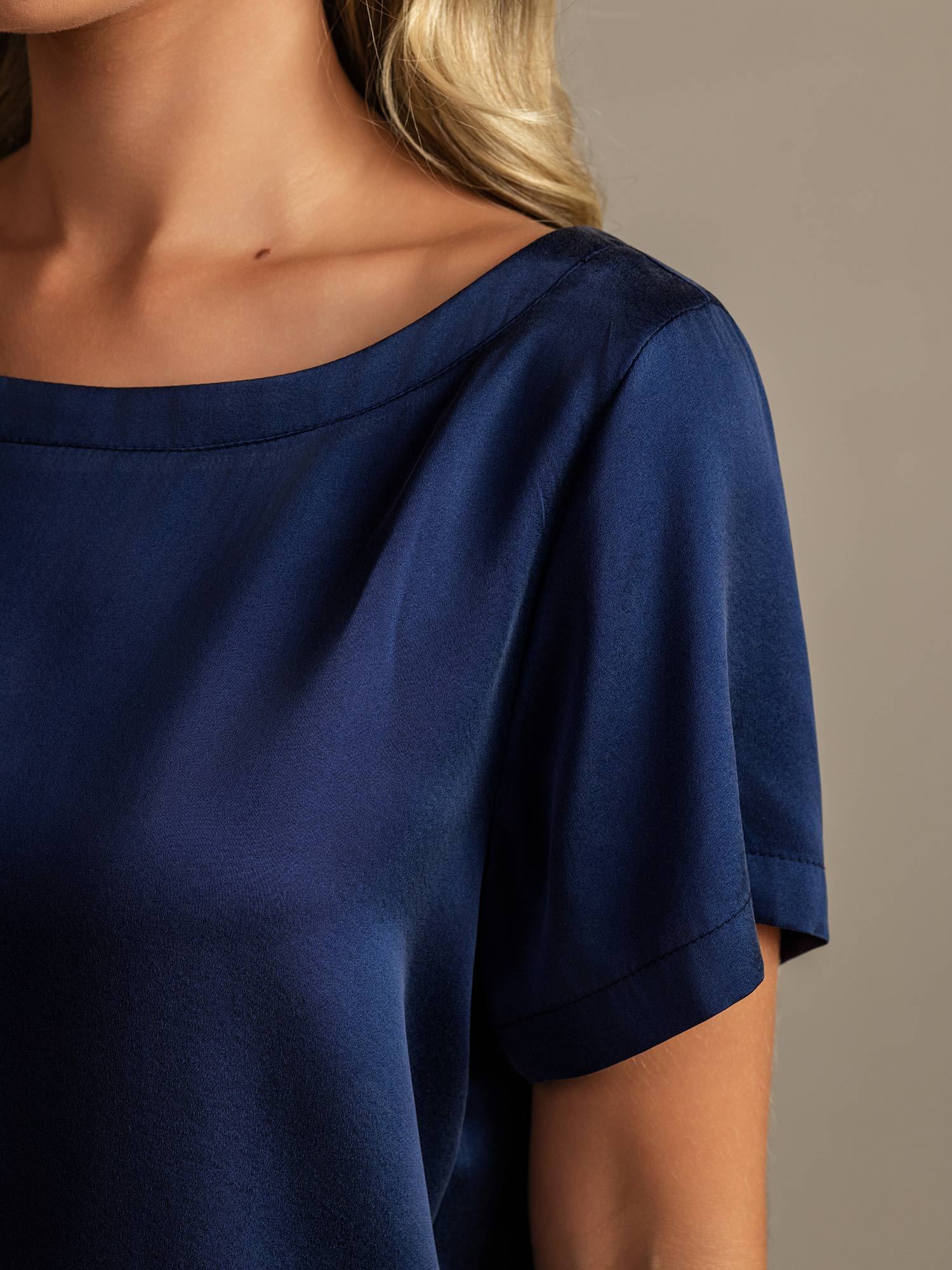 [Bleu Foncé] SilkSilky-FR 19Momme Soie Col Rond Femme Pyjamas 004,