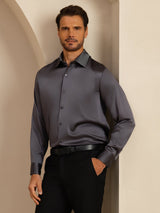 [Gris Foncé] SilkSilky-FR 19Momme Manches longues Col à Revers Homme Chemise 006