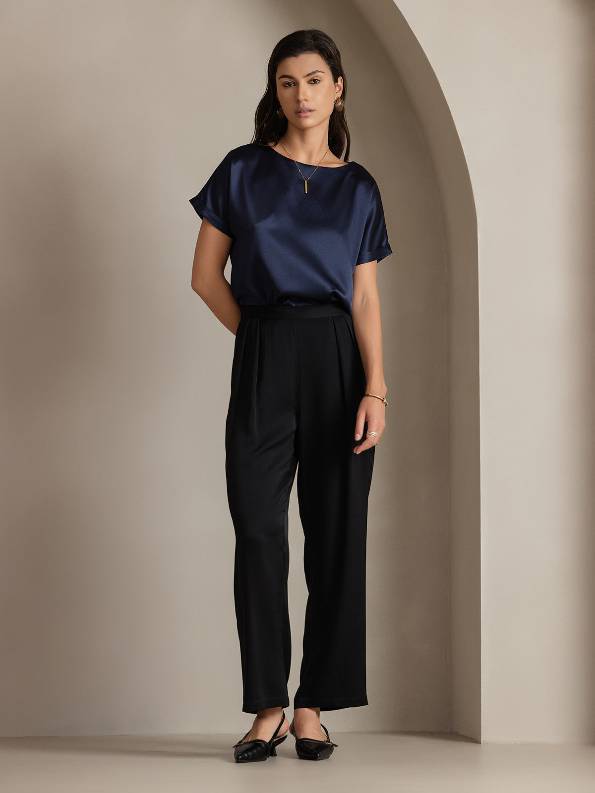 [Bleu Foncé] SilkSilky-FR 19Momme Soie Col Rond Femme T-Shirt 004