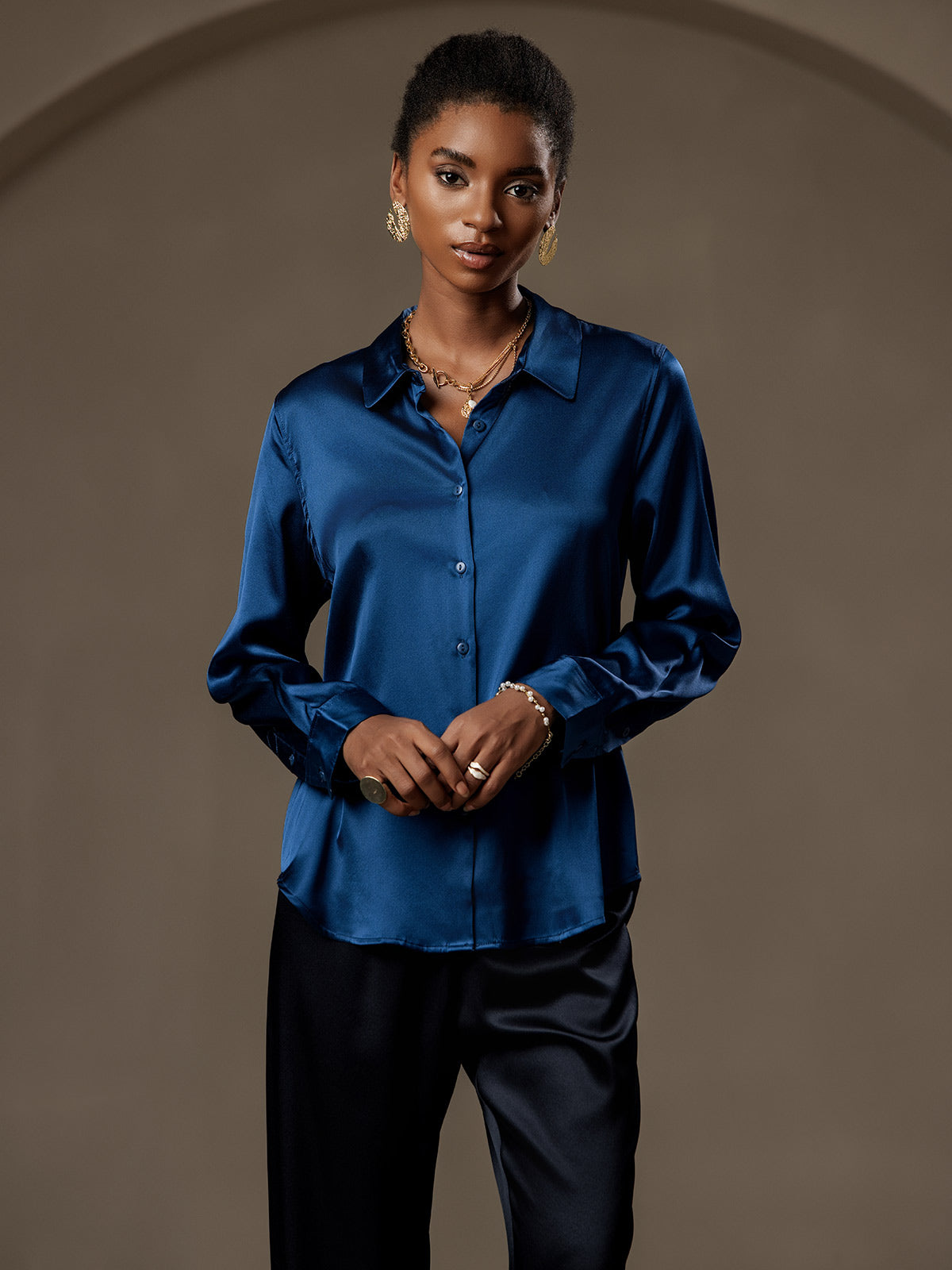 [Bleu Royal] SilkSilky-FR Soie Col Chemise Femme Chemise 003