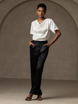 [Blanc] SilkSilky-FR Short Sleeve Cowl Neck Blouse 006