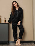 SilkSilky FR Pure Soie Manches longues Revers Femme Pyjamas Noir 004