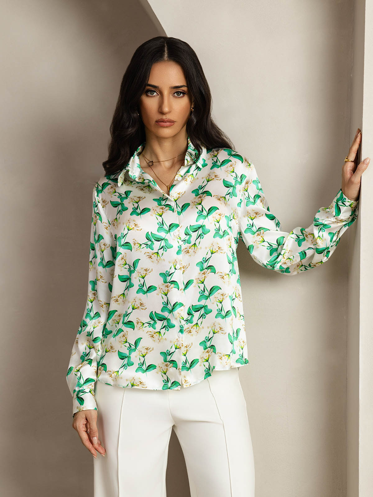 [Floral Vert] SilkSilky-FR Soie Col Chemise Femme Chemise 001