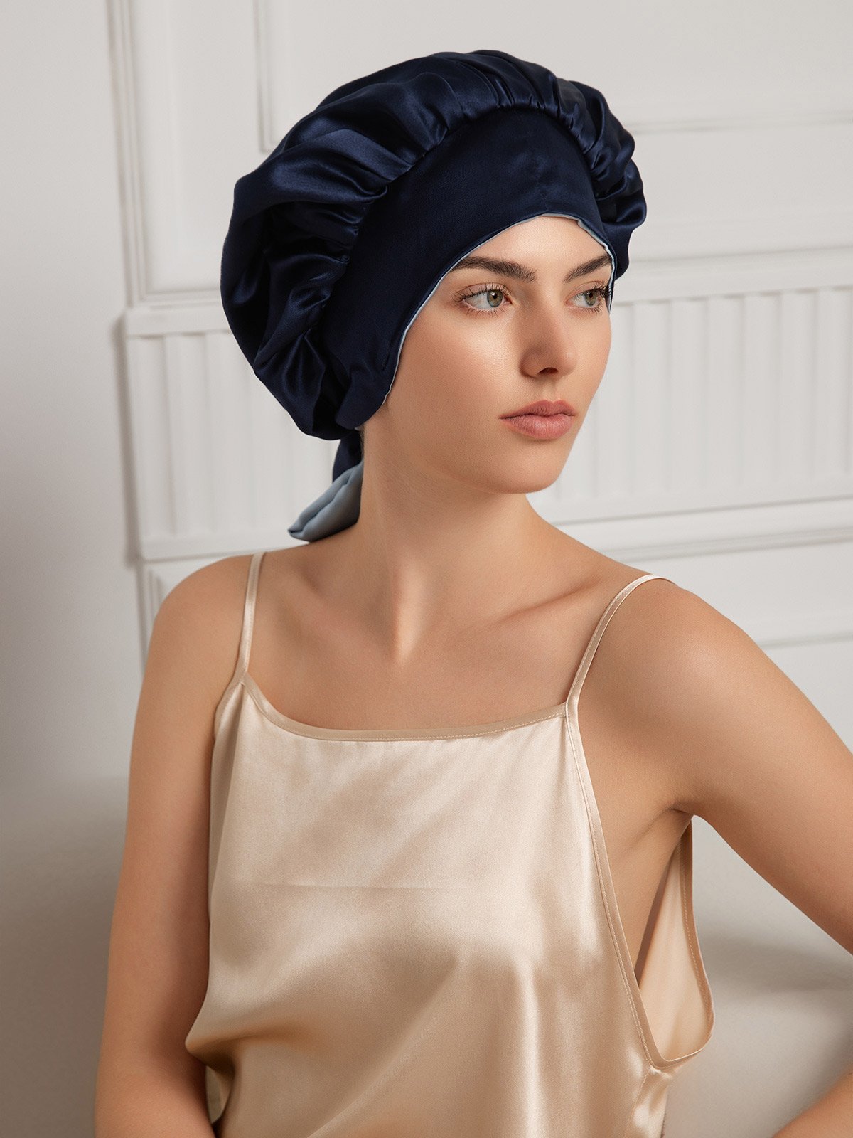[Bleu Foncé] SilkSilky-FR Pure Soie Sleep Cap 002