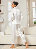 SilkSilky FR Pure Soie Manches longues Revers Femme Pyjamas Blanc 003