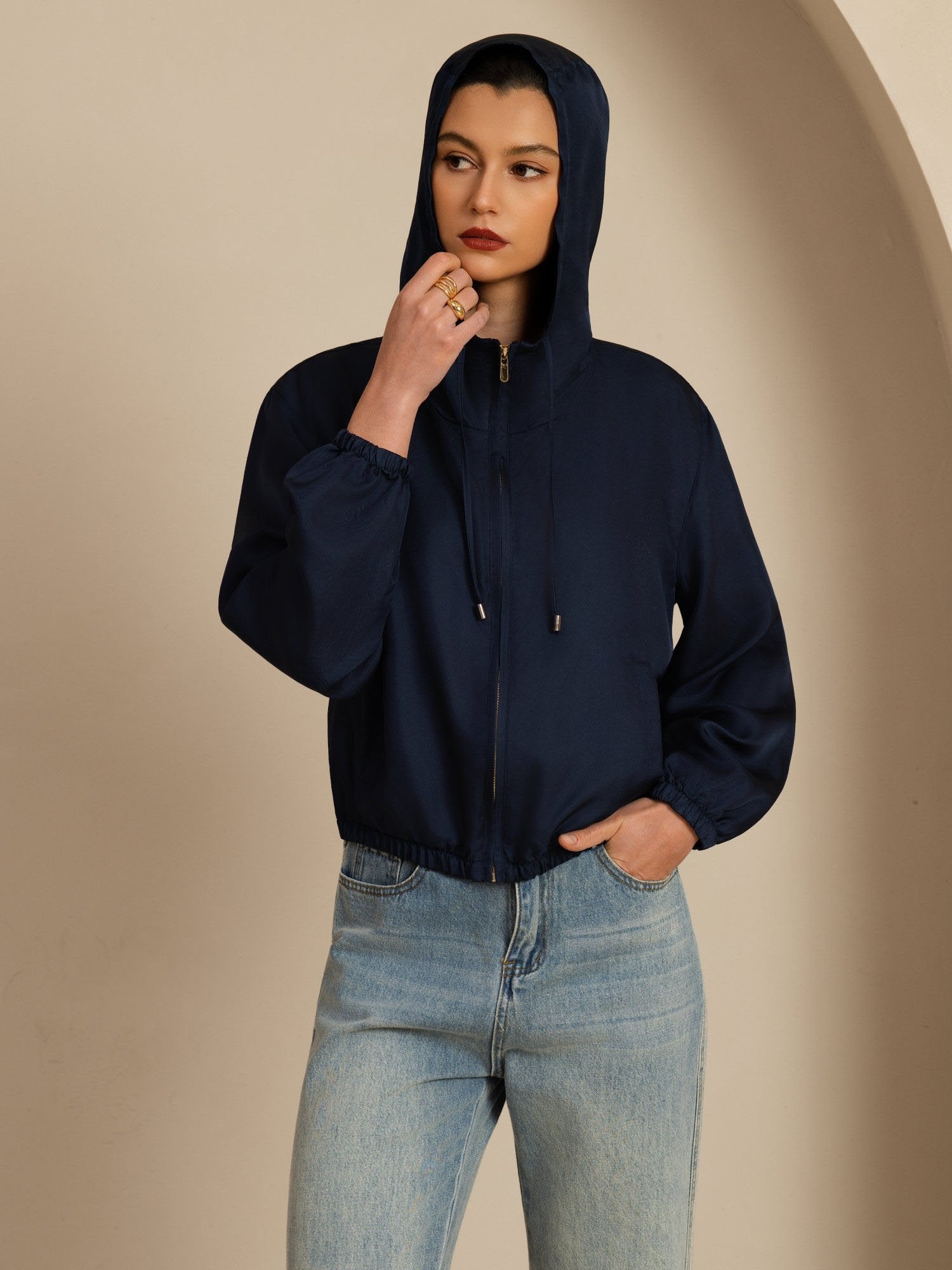 [BleuFoncé] SilkSilky-FR 18Momme Manches longues Col Montant Femme Manteaux 004