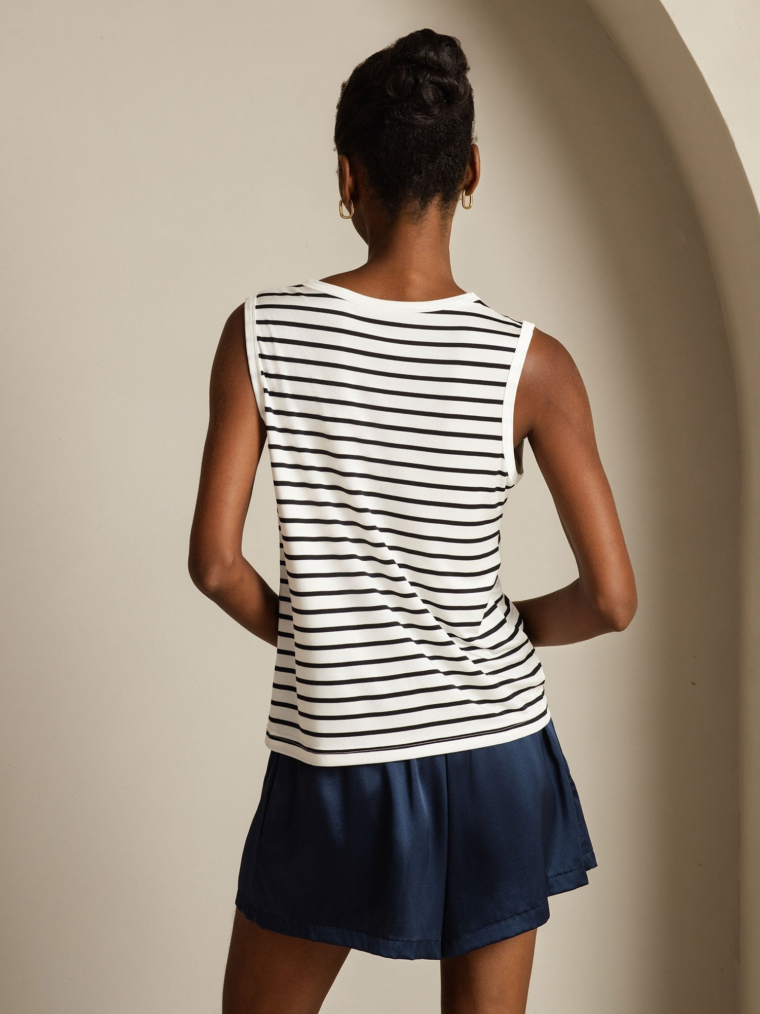 [Rayure Blanche] SilkSilky-FR Soie Sans manches Col Rond Top À Fines Brides 002