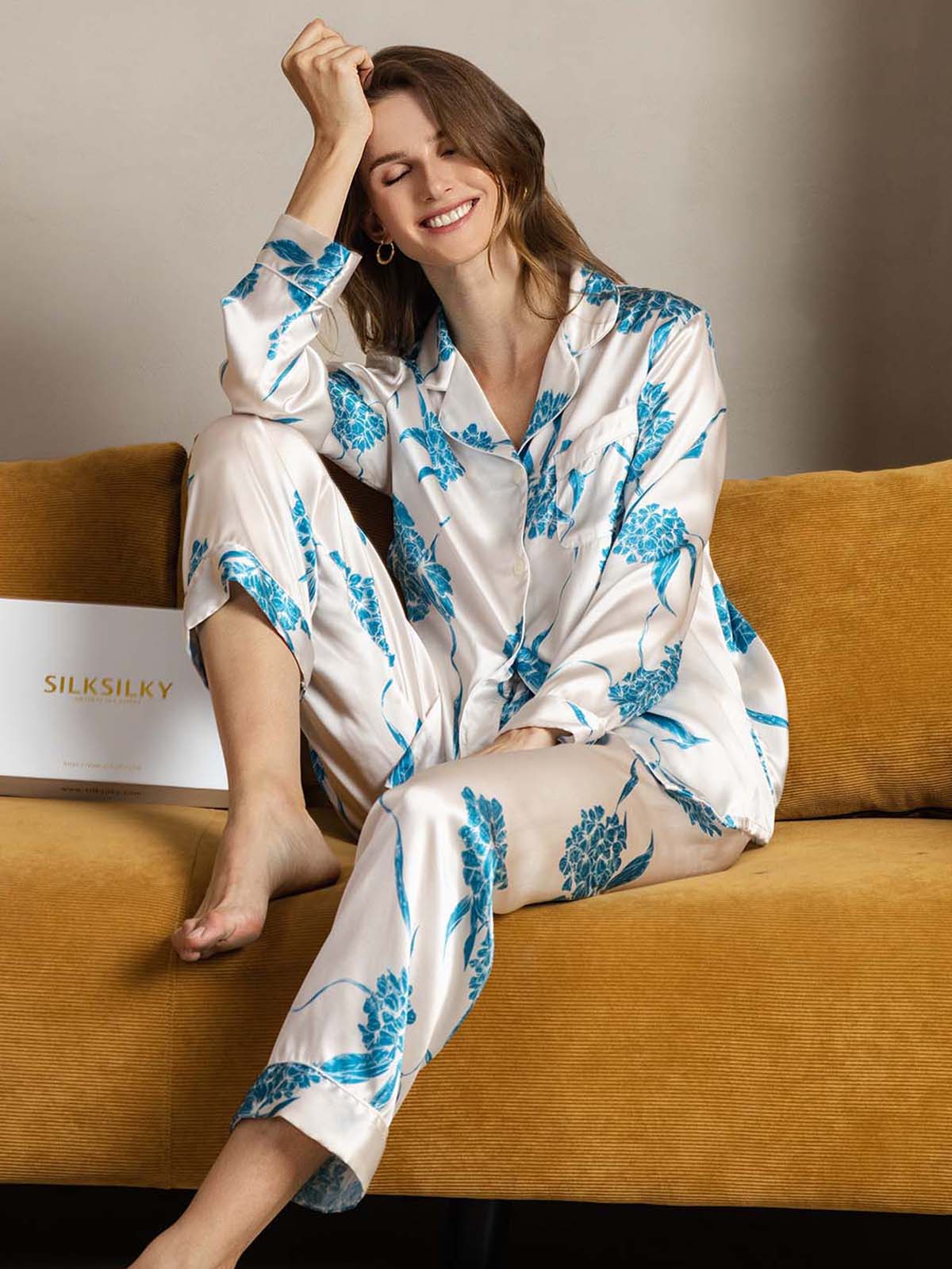 [Floral Bleu] SilkSilky-FR Pure Soie Womens Pajamas 004