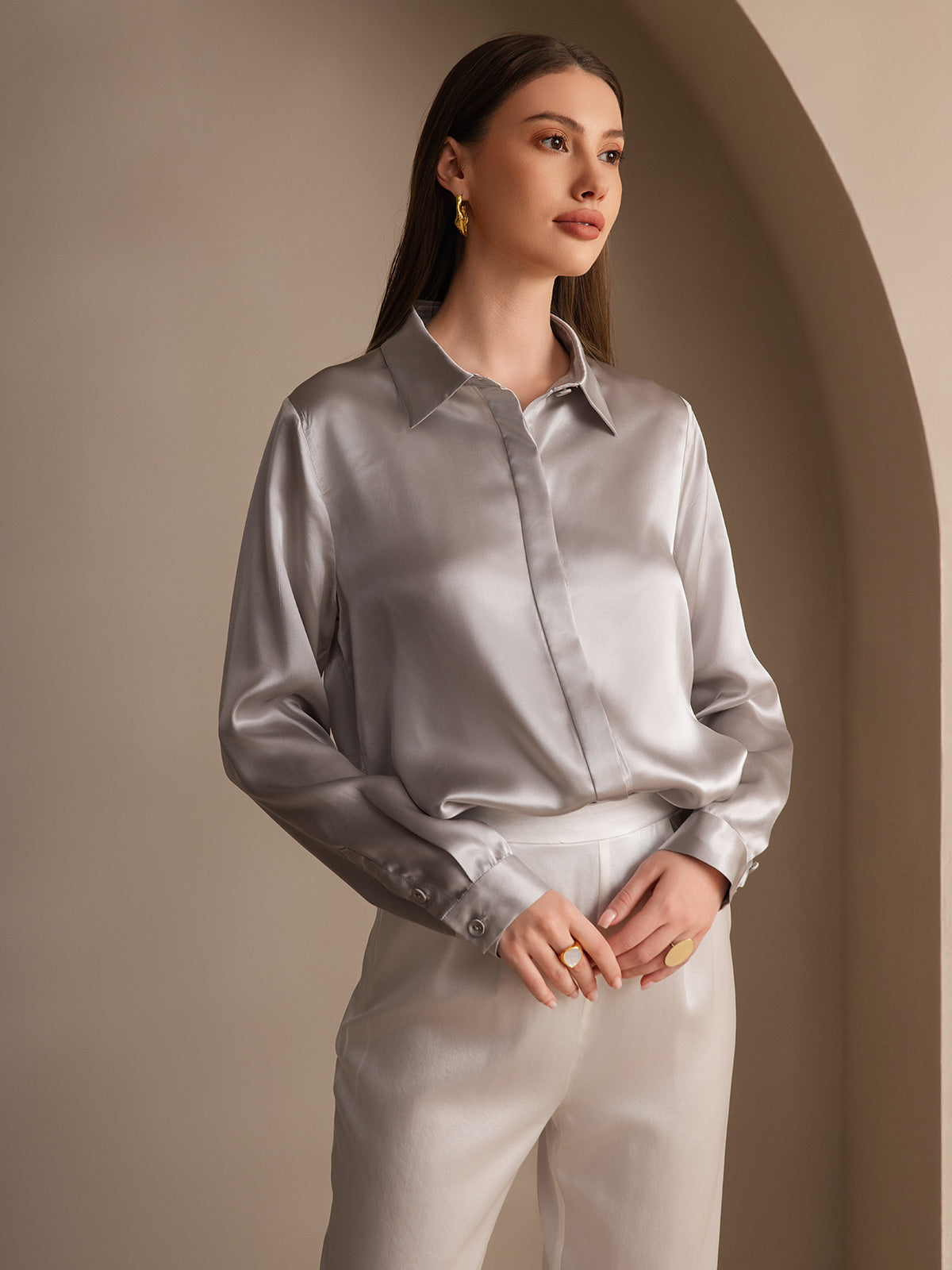 [Gris Clair] SilkSilky-FR 19Momme Soie Lapel Collar Femme Chemise 004