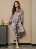 SilkSilky-FR Pure Soie Manches longues Revers Femme Pyjamas Gris 004