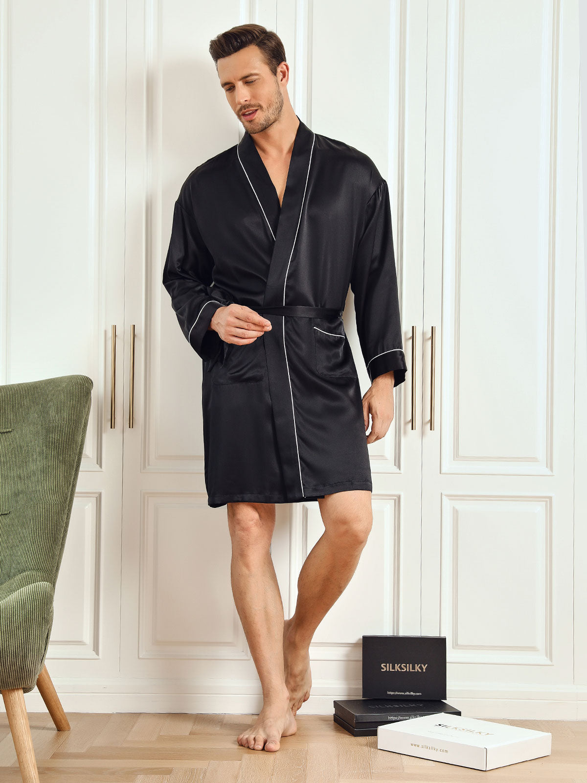 SilkSilky FR Pure Soie Trois quart Mens Robe Noir 003