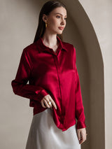 [Rouge Vineux] SilkSilky-FR 19Momme Manches longues Col à Revers Femme Chemise 001