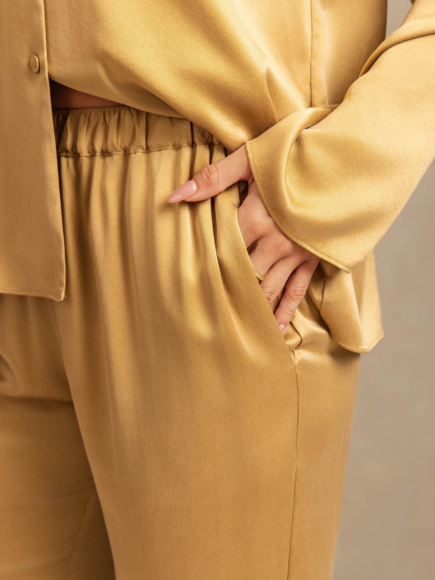 [Tan] SilkSilky-FR 19Momme Soie Découpe V Femme Pyjamas 005