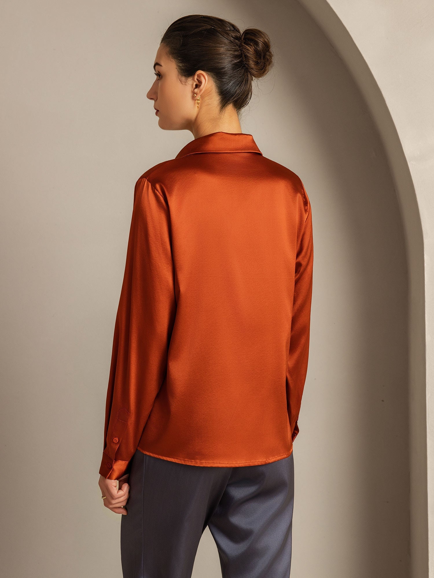 [Caramel] SilkSilky-FR 19Momme Soie Manches longues Col Chemise Femme Chemise 003