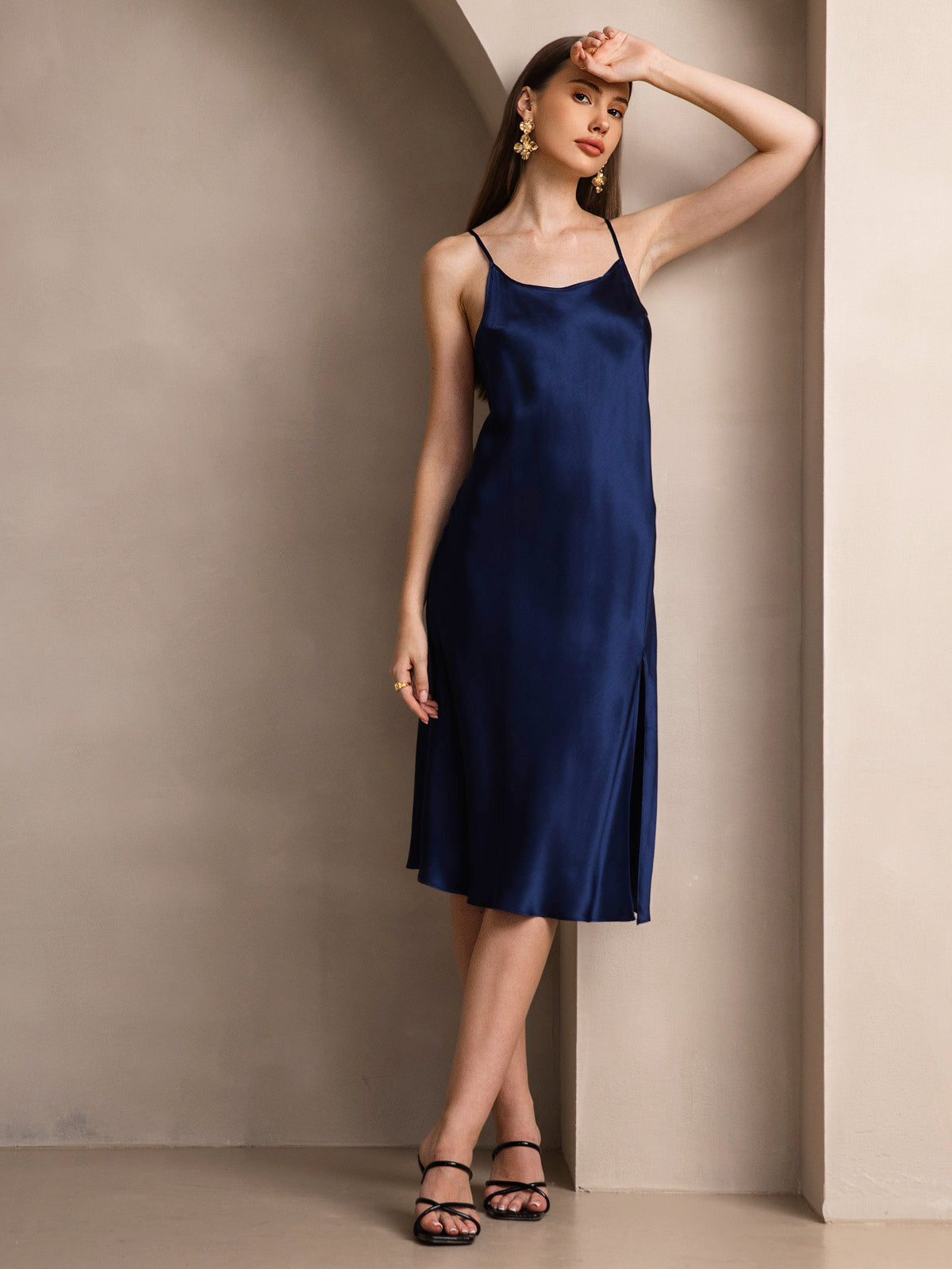 [Bleu Foncé] SilkSilky-FR Pure Soie Col Rond Robes 006