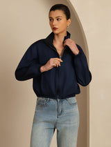 [Noir+BleuFoncé] SilkSilky-FR 18Momme Manches longues Col Montant Femme Manteaux 002