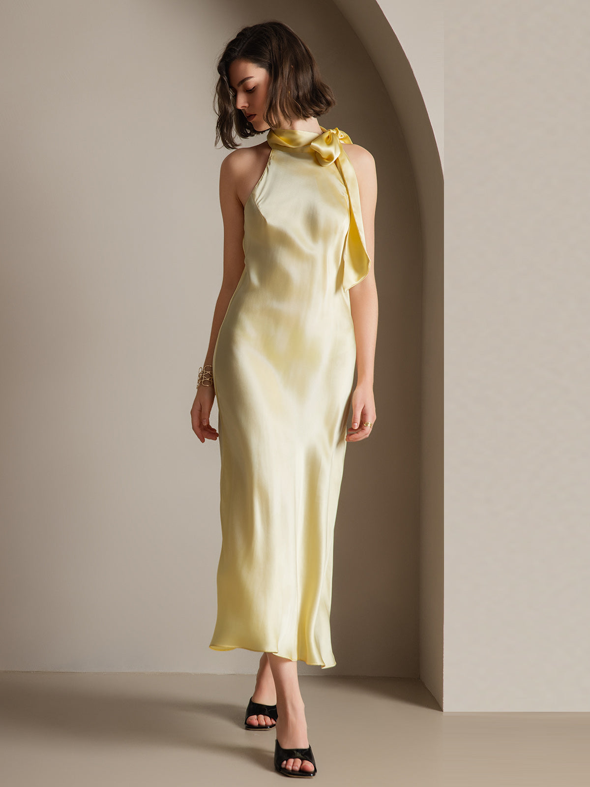 [Jaune Clair] SilkSilky-FR 19Momme Soie Dress 008