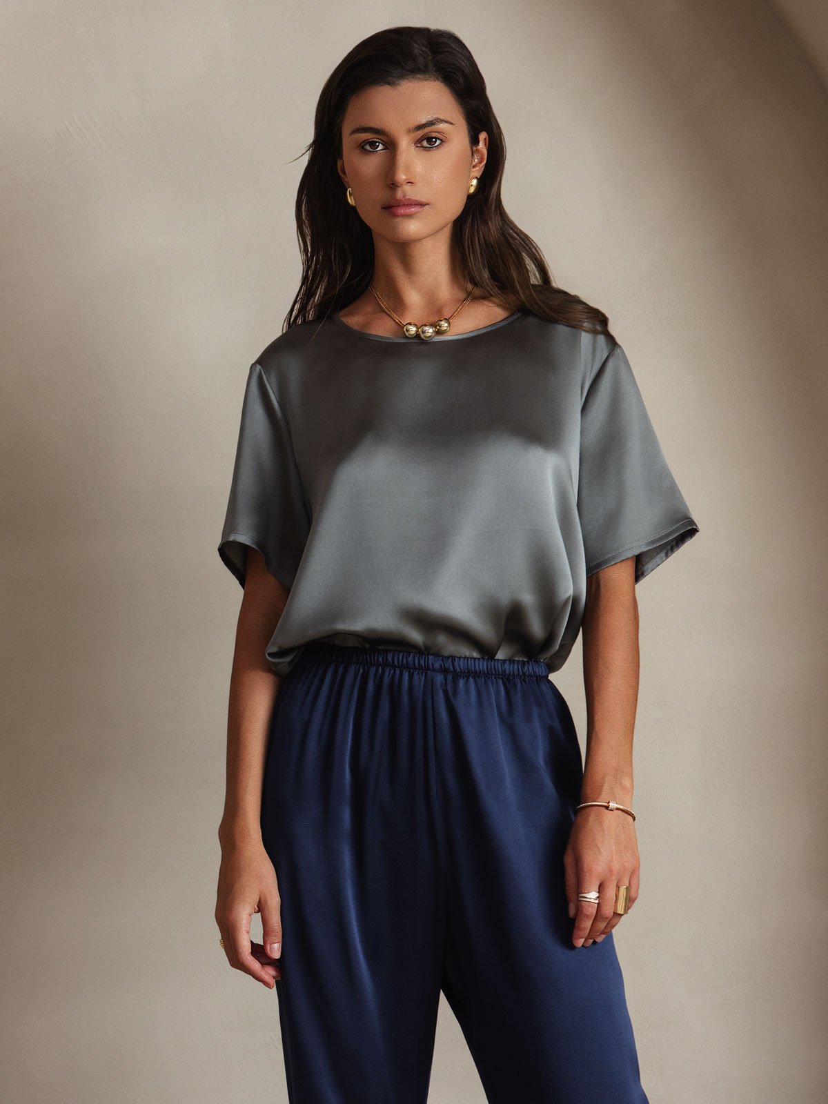 SilkSilky-FR Pure Soie Manches courtes Col Rond Femme T-Shirt GrisFoncé 001
