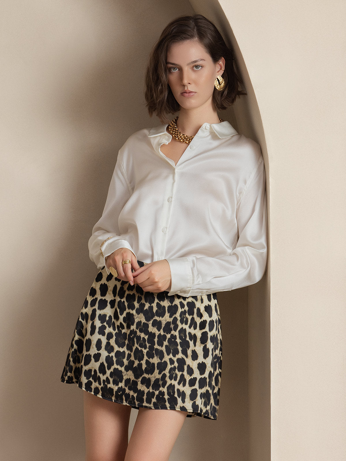 [Blanc] SilkSilky-FR Soie Manches longues Col Chemise Femme Chemise 004