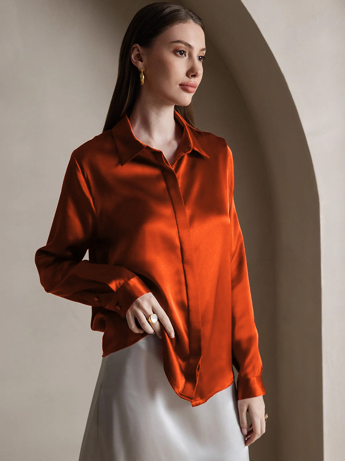 [Caramel] SilkSilky-FR 19Momme Soie Lapel Collar Femme Chemise 004