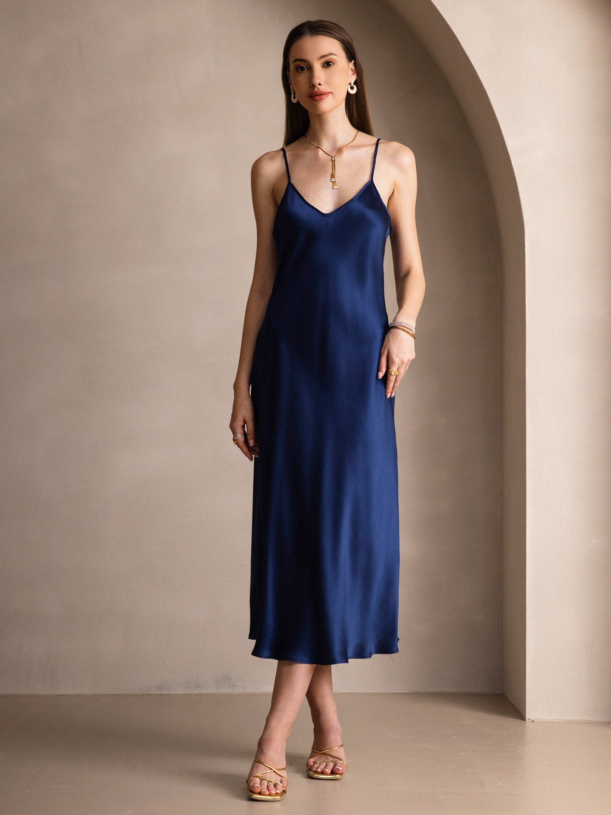 [Bleu Foncé] SilkSilky-FR Pure Soie Col Rond Robes 003